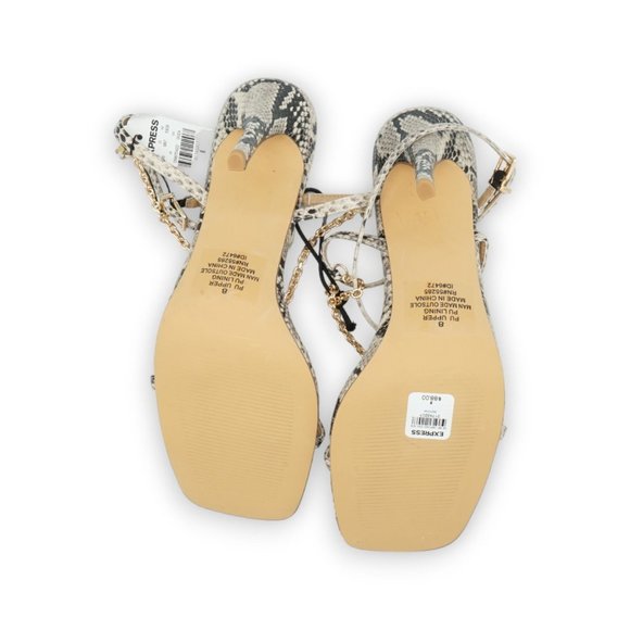 NWT $88‎ Express Faux Snake Skin Heels Straps Wrap Around Ankle Cream Black Sz 8 - Picture 5 of 10